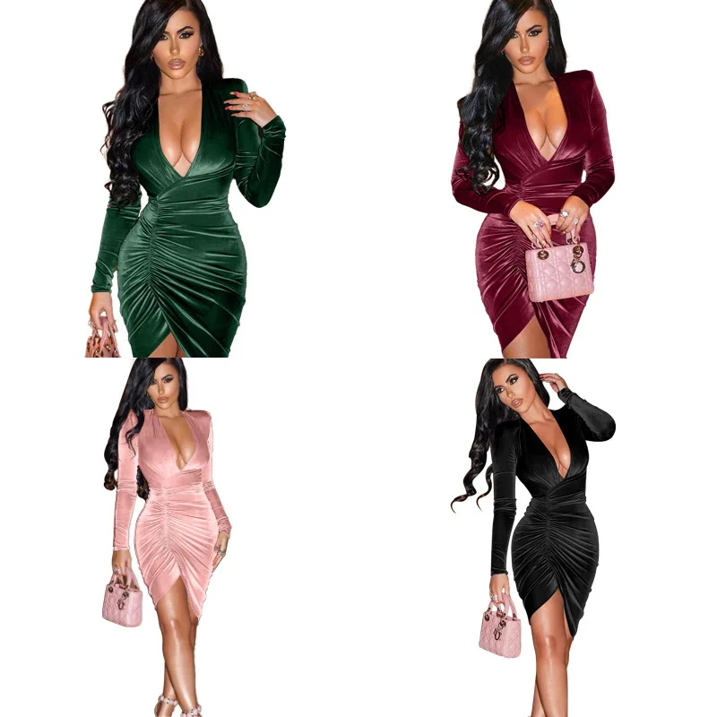 

New Women Golden Velvet Dress Autumn Long Sleeves Dress Sexy V-neck Women Fold Clothes Party Dinner Dress Drop Shipping
