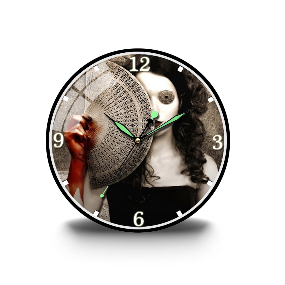 

Dark Gothic Style Creepy Girl Holding a Fan Acrylic Wall Clock Modern Design Living Room Clock Retro Wall Charts