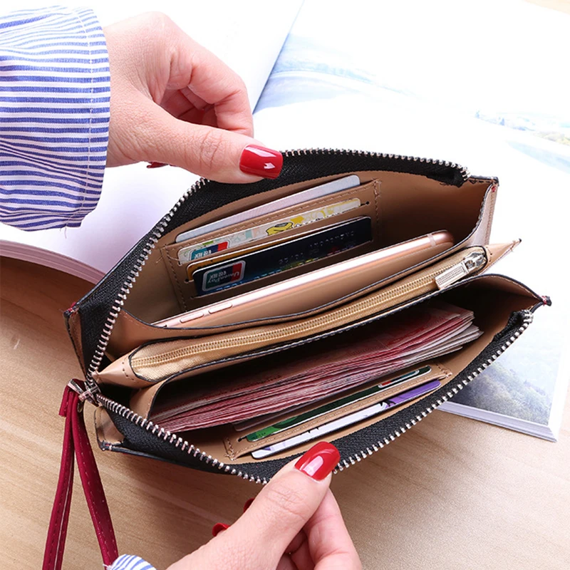 Women's Vintage Oil Wax Leather Zipper Clutch Bank Female Large Capacity Coin Purse Ladies Wristband Simple Card Holder Wallet