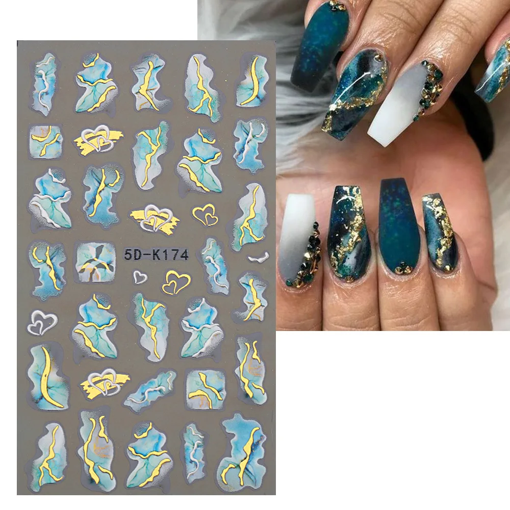 

5D Golden Lines Marble Blooming Stripe Nail Stickers Sea Animal Decor Summer Jellyfish Beach Wave Nail Decals