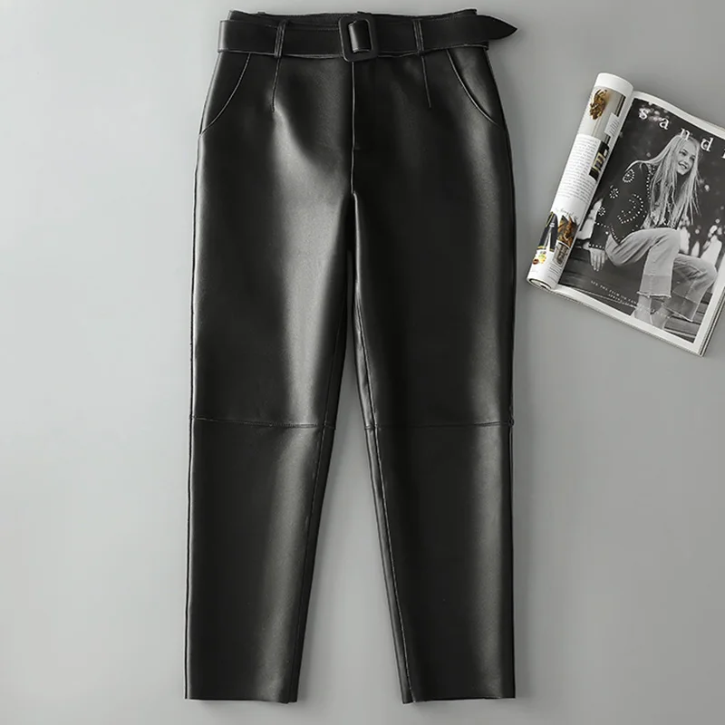 2022 New Arrivals Genuine Leather Trousers Ankle-Length Leather Pants Long Black With Belt Classic Style SY3984