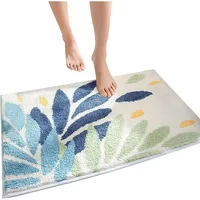 Inyahome Washable Leaves Bath Shower Rug Green and Blue for Bathroom Non Slip Bathtub Decor Mats Super Absorbent Floor Carpet