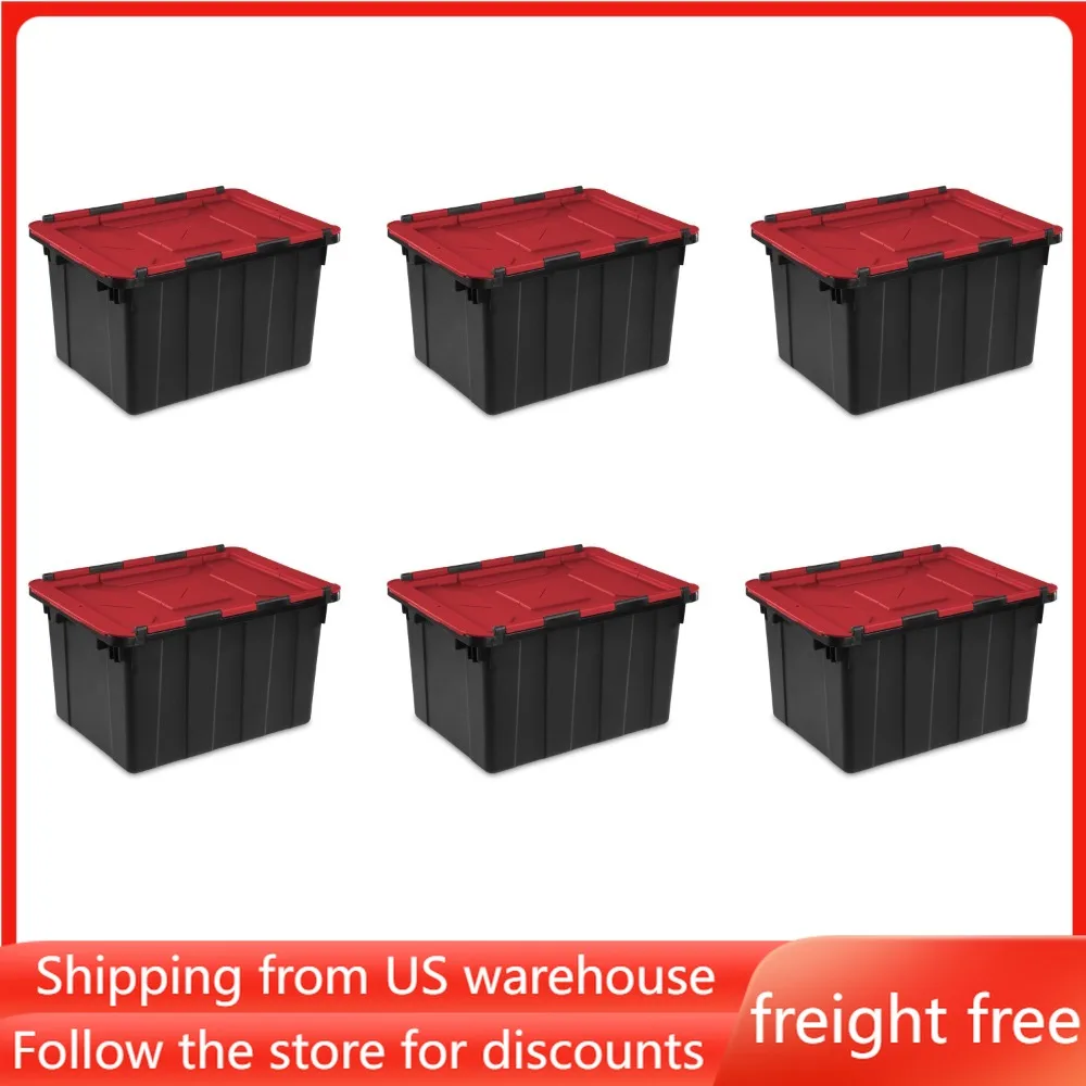 

12 Gallon Hinged Lid Industrial Tote Plastic Box Storage Clothes Organizer Black Boxes for Bedroom Set of 6 Free Shipping Living