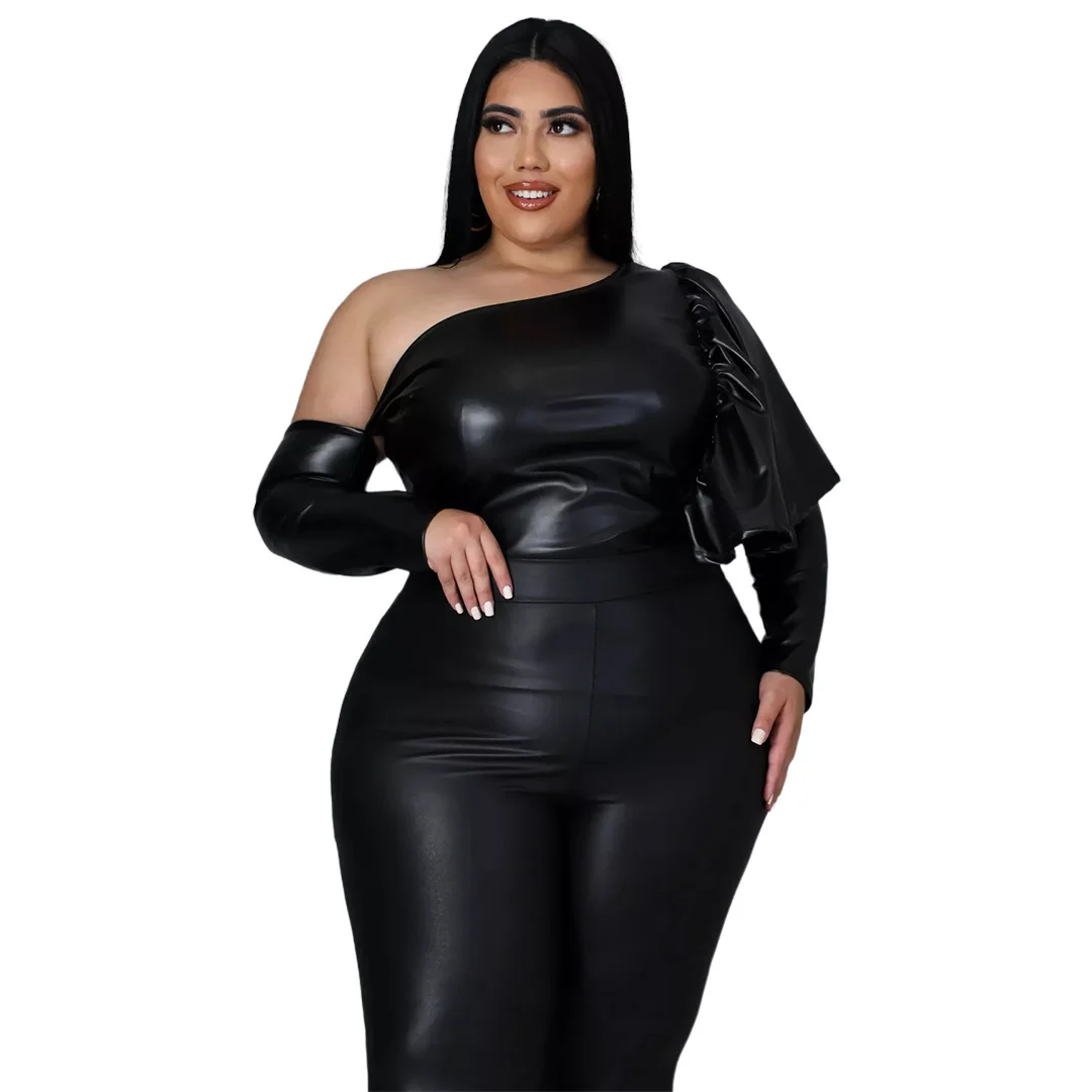 

Fashion Plus Size Women's Blouse Sexy Stretch Matte Leather Sloping Shoulder Ruffle Tops Solid Color Casual Lady Tops Large Size