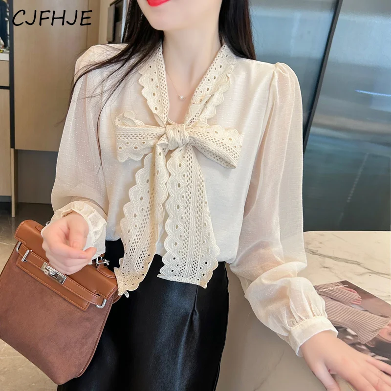 CJFHJE Весенняя кружевная Черная Женская рубашка с длинным рукавом бантом
