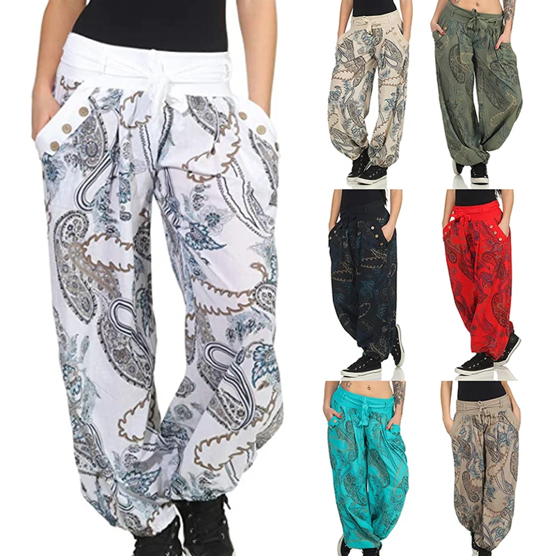 

Retro Oversize Pants Hip Hop Style Women Bohemian Harem Pants Ankle Tied Paisley Low Waist Pockets Baggy Trousers for Daily 5XL