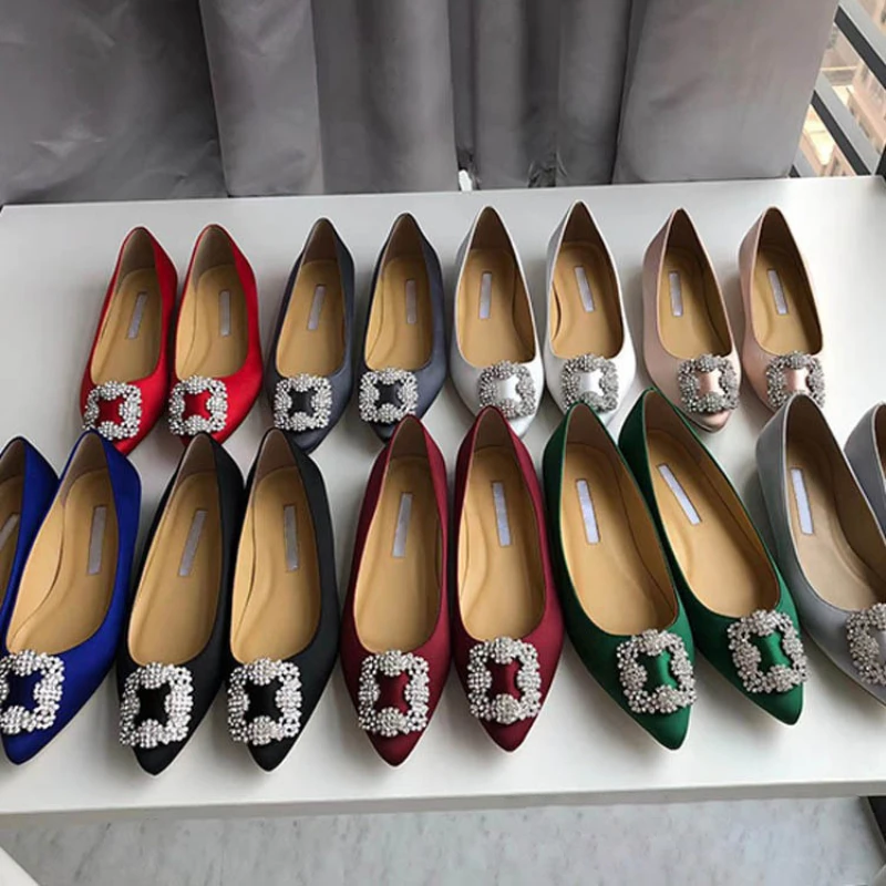 

Flat Satin Shoes Pointed Toe Women's Flat Heel Square Buckle Women's Red Shoes