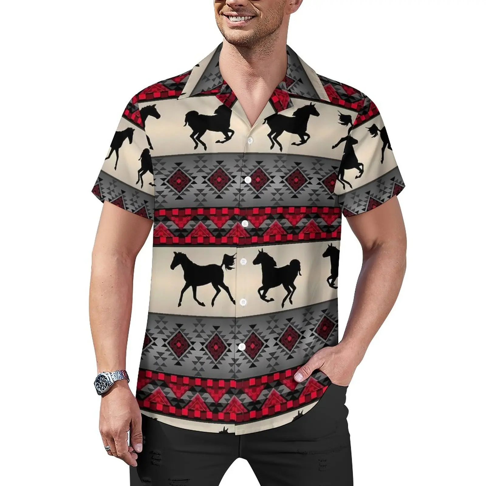 

Red Tribal Horse Blouses Male Retro Print Casual Shirts Hawaii Short-Sleeve Design Fashion Oversized Vacation Shirt Gift