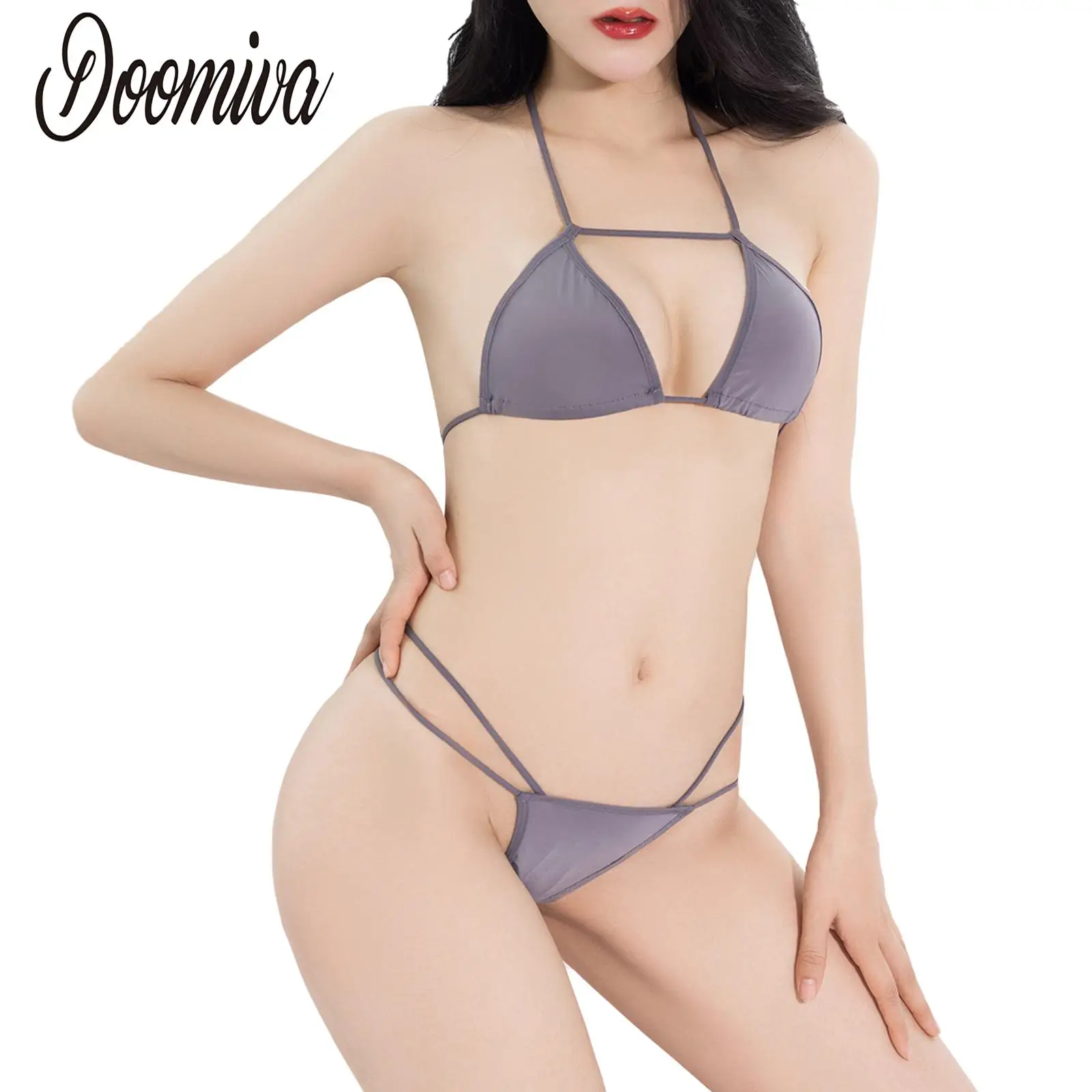 

Womens Two-Piece Strappy Bikini Set Mini Bathing Suit Pool Party Sexy Swimsuit Swimwear Lace-up Halter Bra with Low Rise Thong