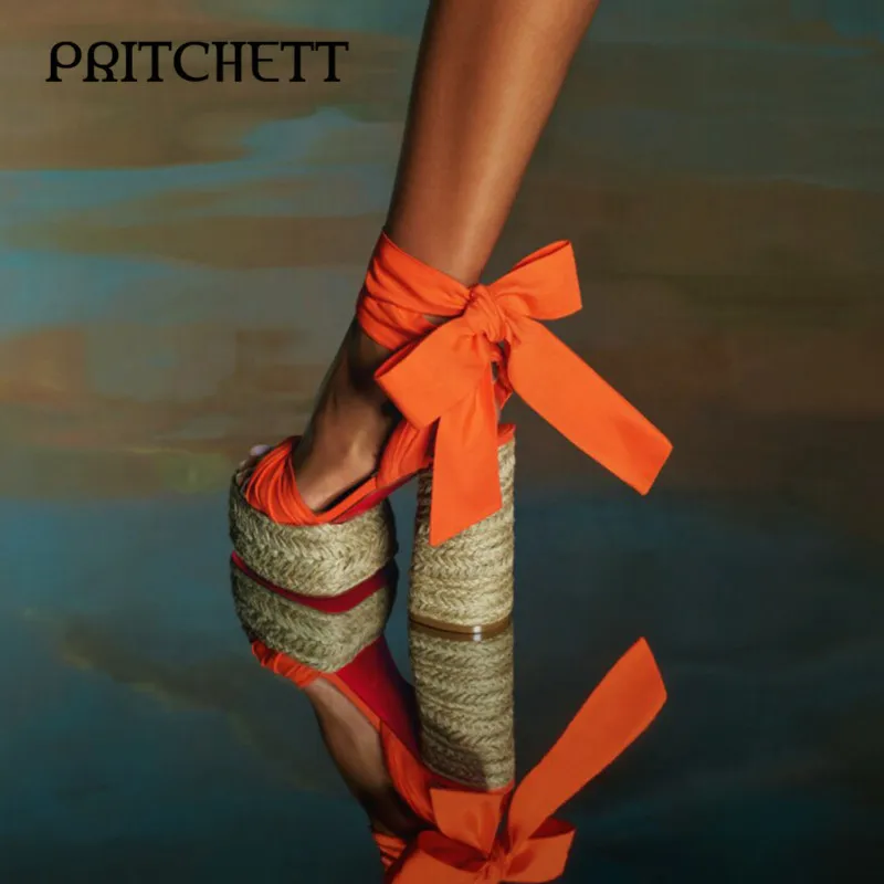 Orange Braided Chunky Heel Platform Sandals Round Toe Open Toe Ankle Silk Strap High Heel Sandals Fashion Party Women's Shoes