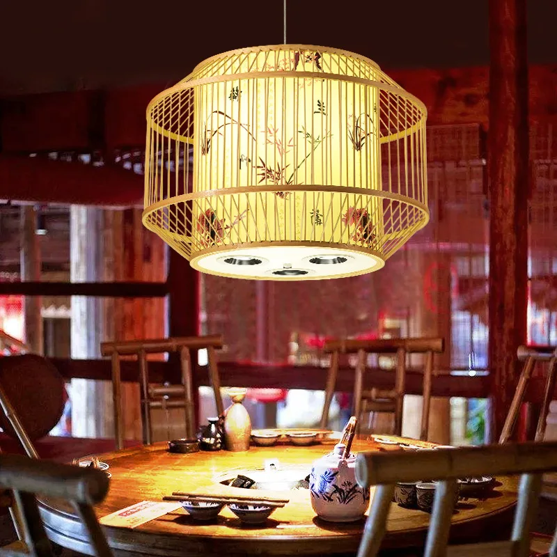 

Chinese Restaurant Chandelier Japanese Hot Pot Restaurant B&B Hotel Tulou Inn Bamboo Weaving Art Lamps with Spotlights