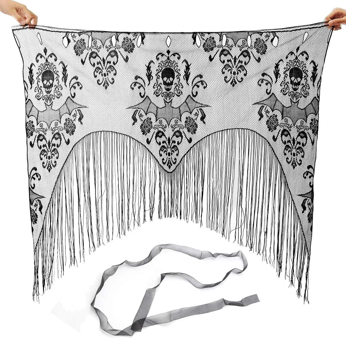 Halloween Gothic Black Lace Tassel Valance Skull Bat Tulle Topper Shawl Halloween Haunted House Party Curtains