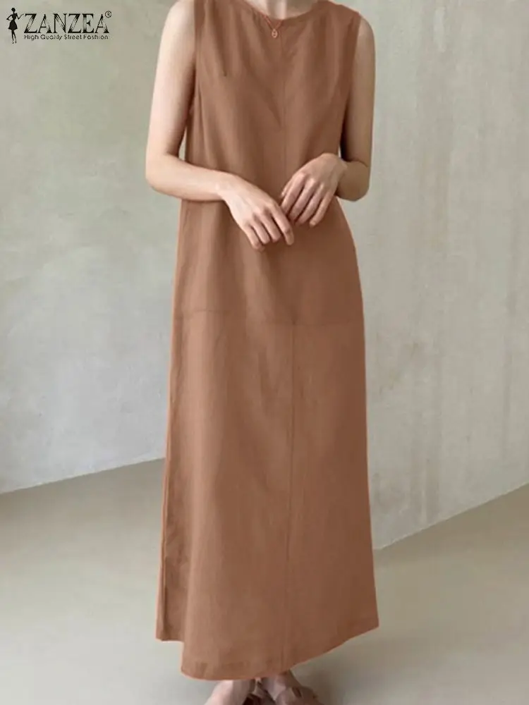 

2023 ZANZEA модный пляжный свободный сарафан летнее Повседневное платье без рукавов с круглым вырезом Макси халат женское элегантное однотонное платье большого размера