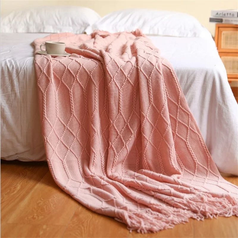 

Knitted Blanket Diamond Flower Sofa Cover Bed Geometry Knit Thread Blankets with Tassel Nap Throw Solid Plain Color Shawl Scarf