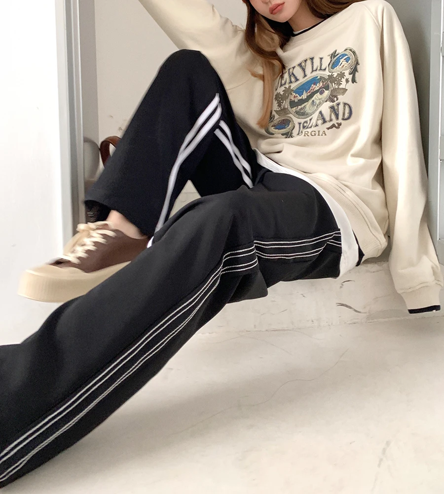 

2022 spring new women's striped casual sports pants women's loose straight pants wide-leg ins high street spring