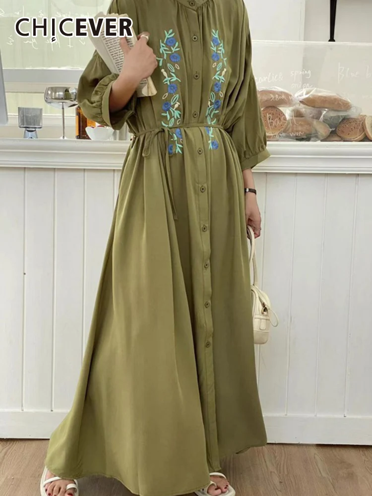 

CHICEVER корейские платья с вышивкой для женщин, с воротником-стойкой, с длинным рукавом, однобортное, с высокой талией, Хит, цвет макси, женское платье, новинка