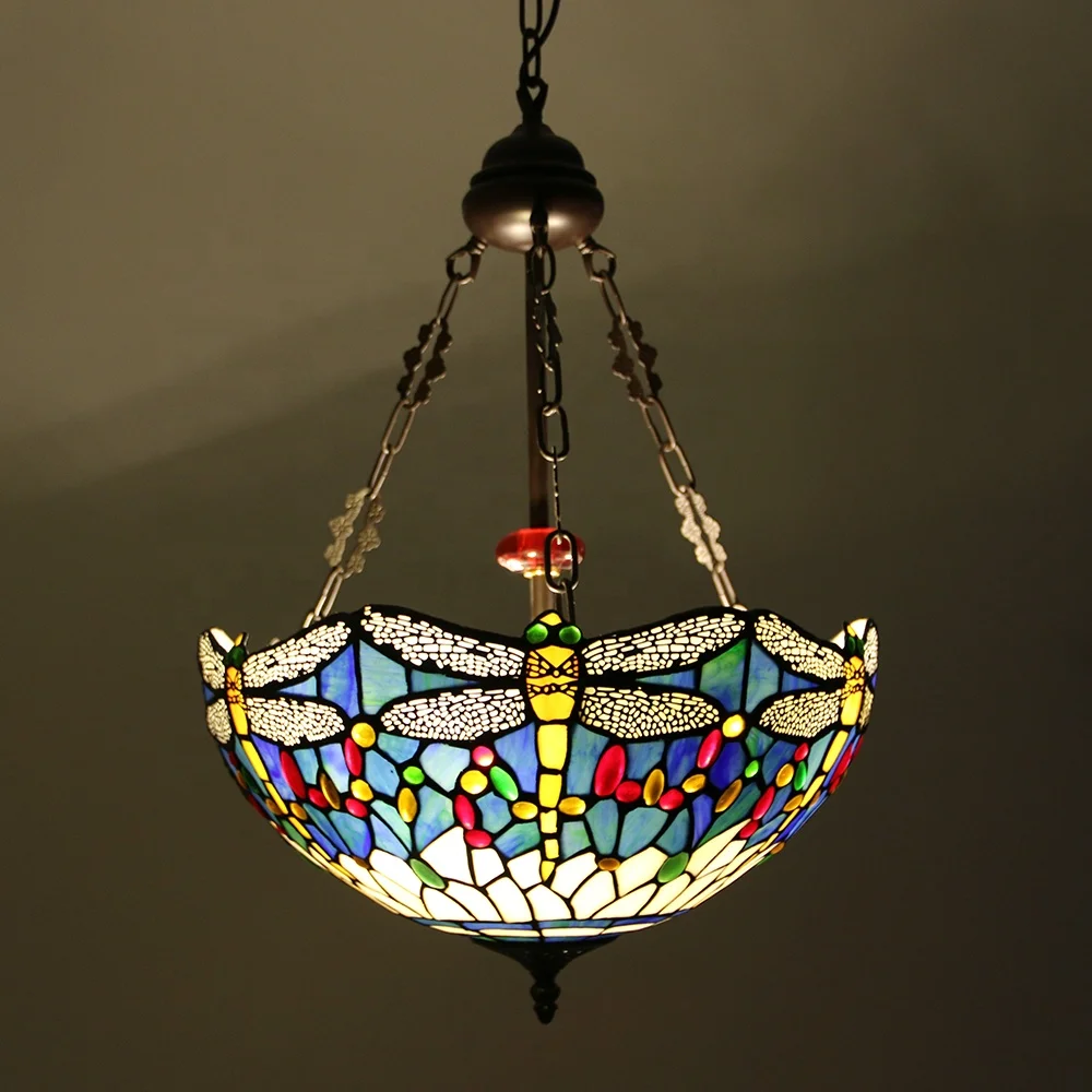 

Высококачественная винтажная лампа LongHuiJing, 16 дюймов, витражное стекло в стиле Тиффани, дизайн со стрекозой, темная бронза, 3 искусственных перевернутых подвески