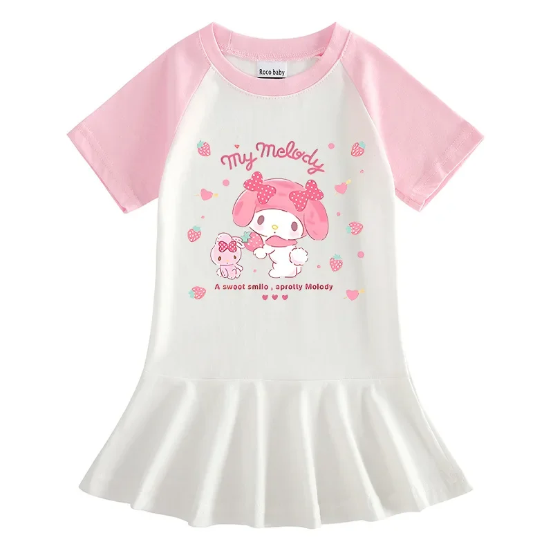 

Sanrio Melody 2023 New Summer Korean Style Children's Clothing Cartoon Half-sleeved Dress Contrasting Color Style Pleated Skirt