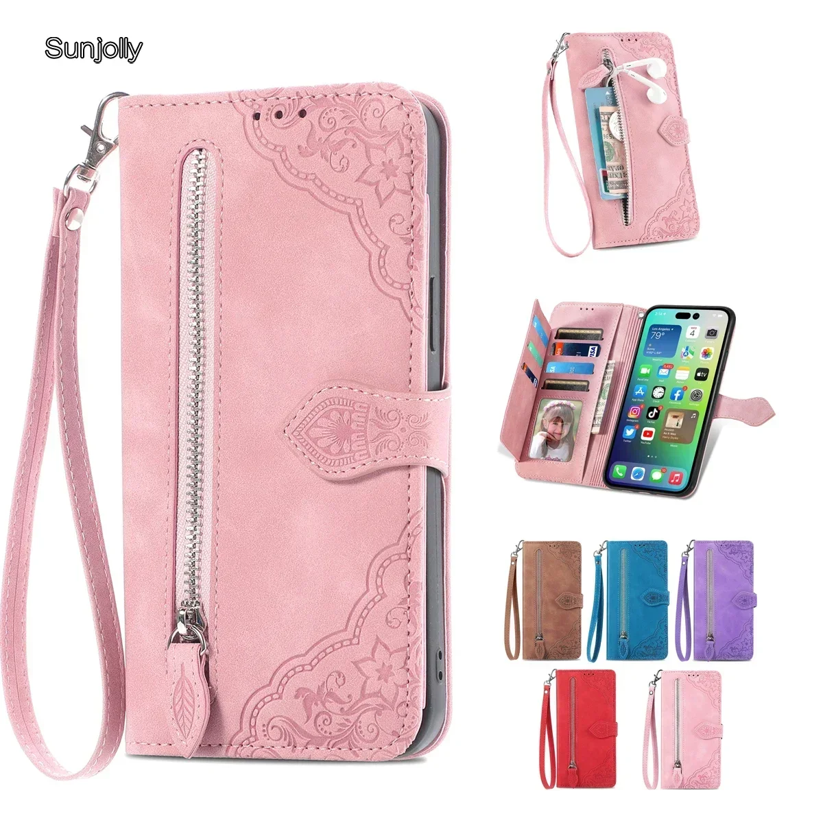 Чехлы Sunjolly для iPhone 16 15 14 13 12 Mini 11 XS Pro Max 6 Plus SE XR 7P 8P 6S чехол-кошелек чехлы телефонов