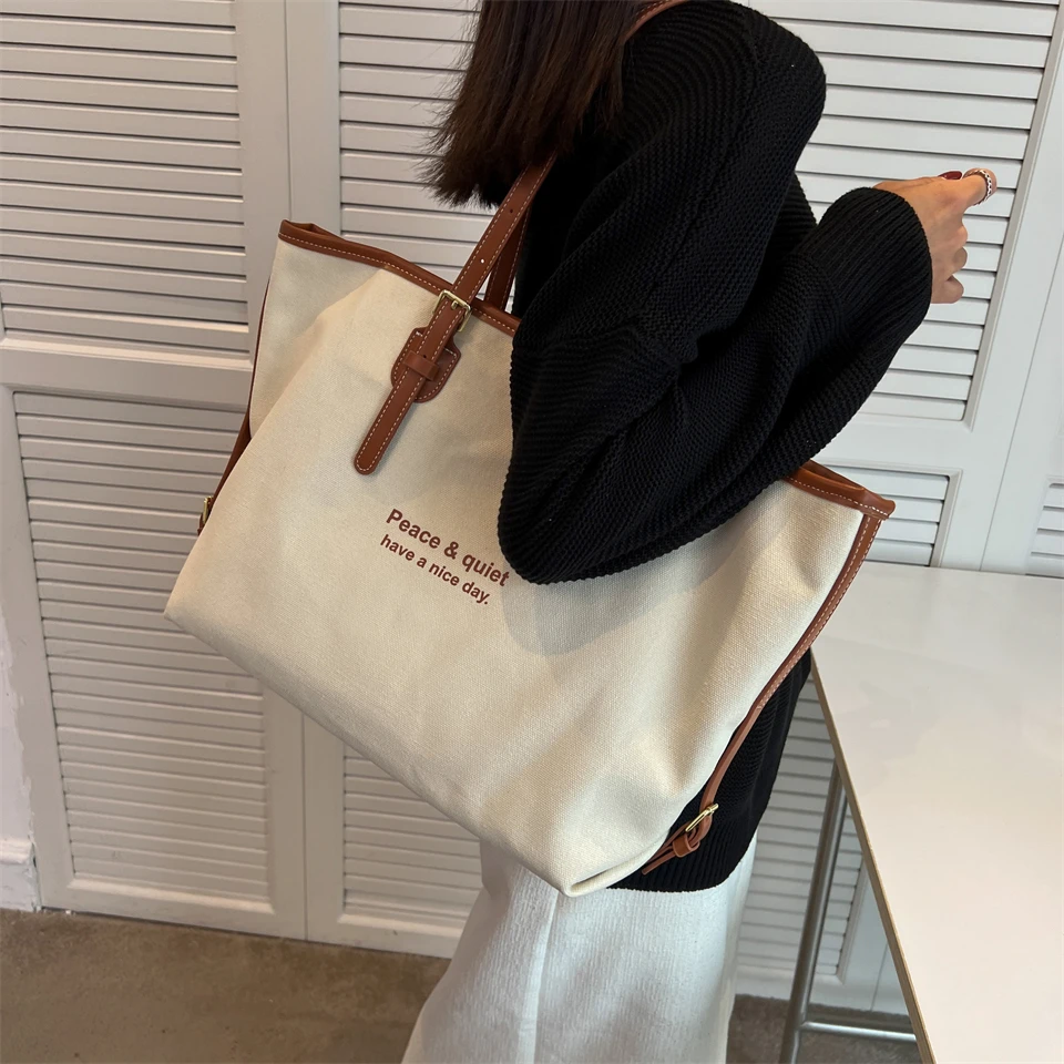 Solid White Canvas Totes For Women Large Capacity Shoulder Bags Classic Elegant Cotton Casual Bags Cute Soft Winter Packages
