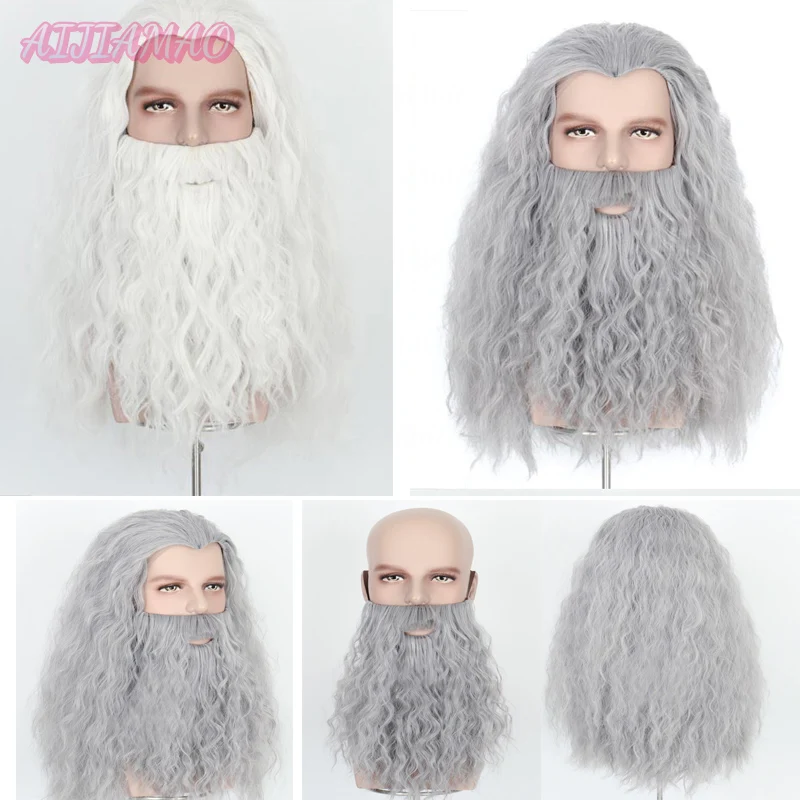 Парик мужской для косплея на Хэллоуин, термостойкий синтетический парик Дамблдора серого и белого цвета с бородой, для ролевых игр на Хэллоуин