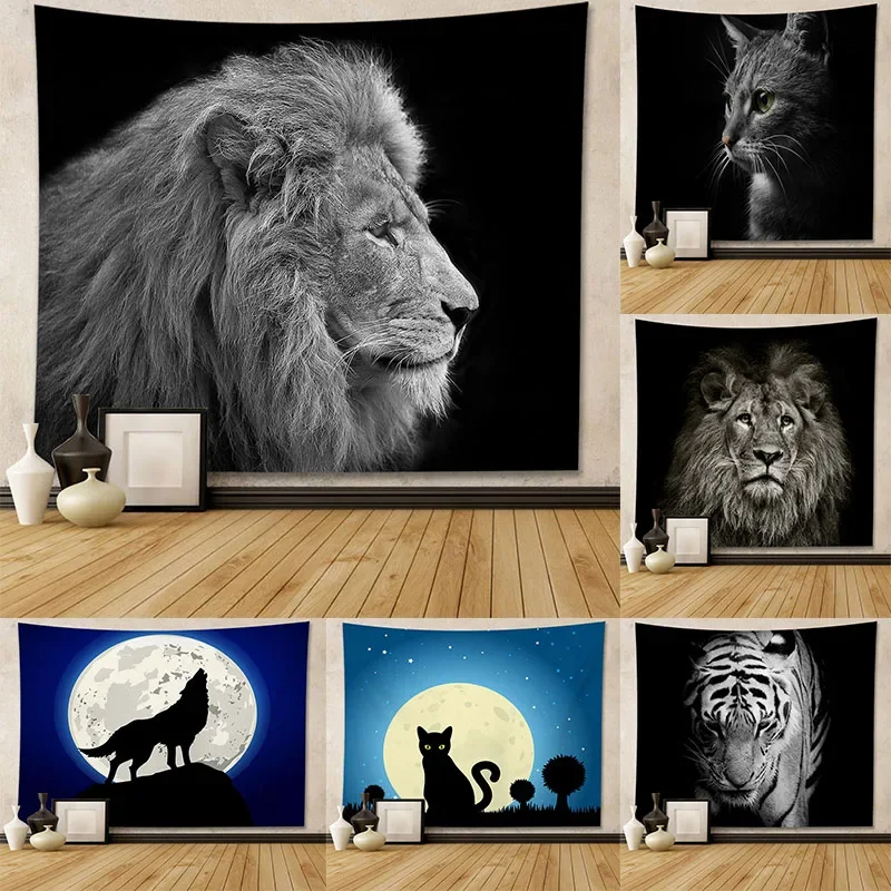 

Black lion animal wall hanging tapestry aesthetic hippie bohemian cartoon tapestry blanket decoration home