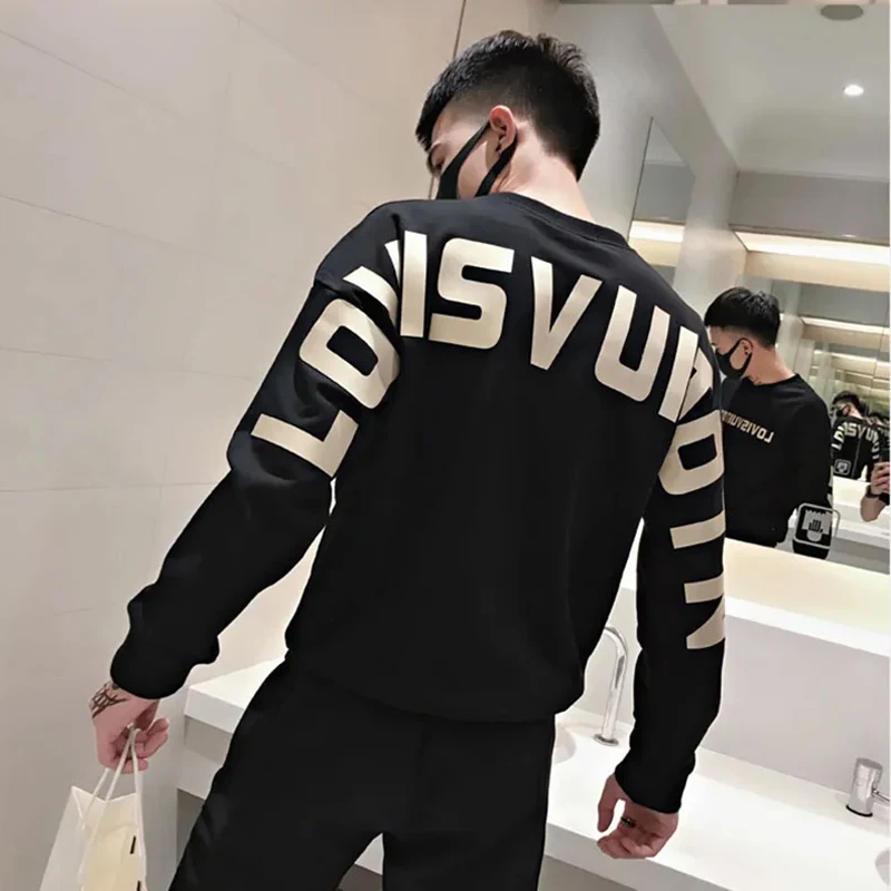 Men's Fashion Luxury Warm Streetwear Sweatshirt Casual Spring Autumn Letters Print Loose O-Neck Y2k Male Long Sleeve Top Clothes