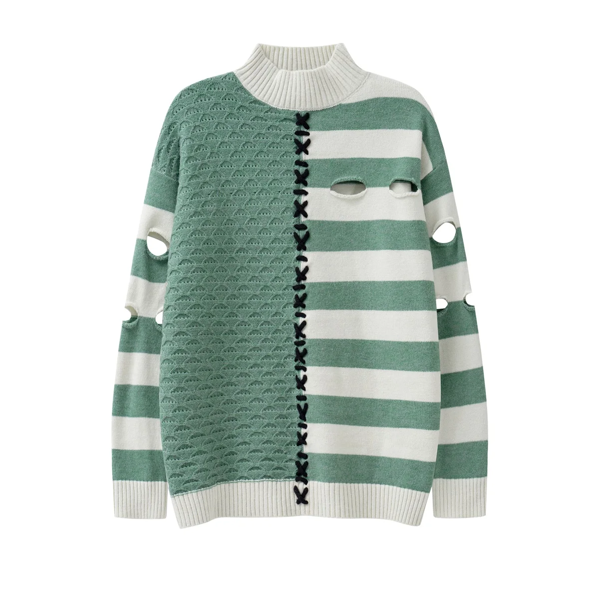 

Harajuku High Street Striped Patchwork Sweaters Y2k Contrast Textured Checkered Half High Neck Hollow Out Knitted Sweater Unisex
