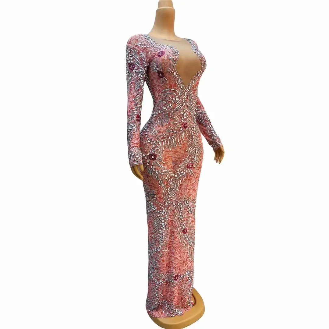 Женское вечернее платье со стразами Прозрачное стрейч розового и серебристого