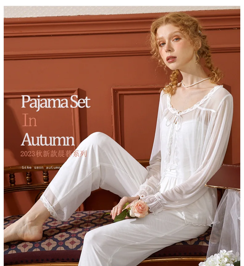 Women's Retro Elegant Lace Cardigan Sling with Chest Pad Gauze Modal Pajama Sets Three Piece Sleepwear Pajamas