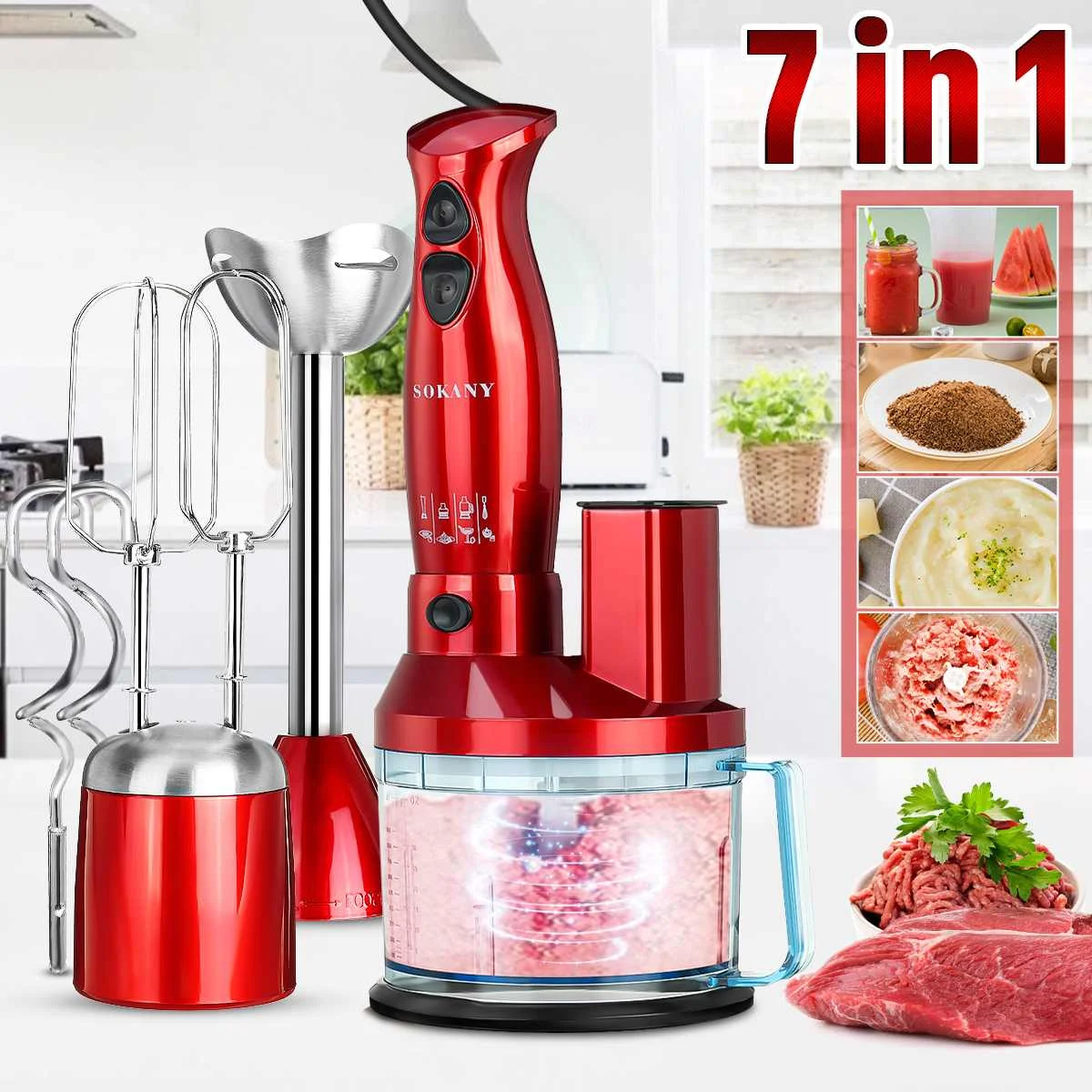 

7 in 1 Stainless Steel 700W Immersion Hand Stick Blender Mixer Vegetable Meat Grinder Electric Kitchen Food Meat Processor