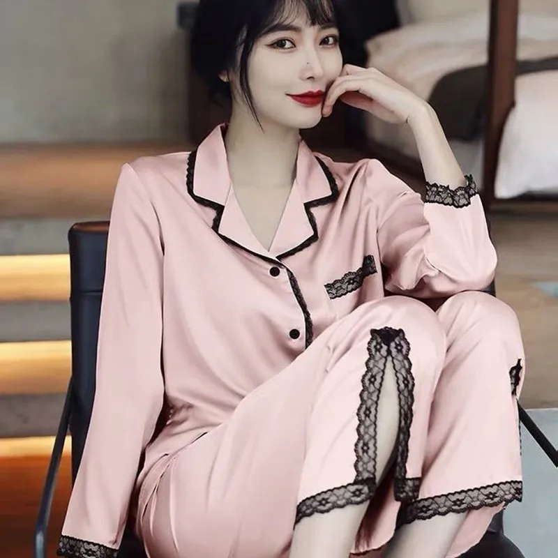 Spring and Summer New Ice Silk Pajamas Women's Long Sleeve Thin Style High Beauty Home Furnishing Women's Silk Lace Upscale Set