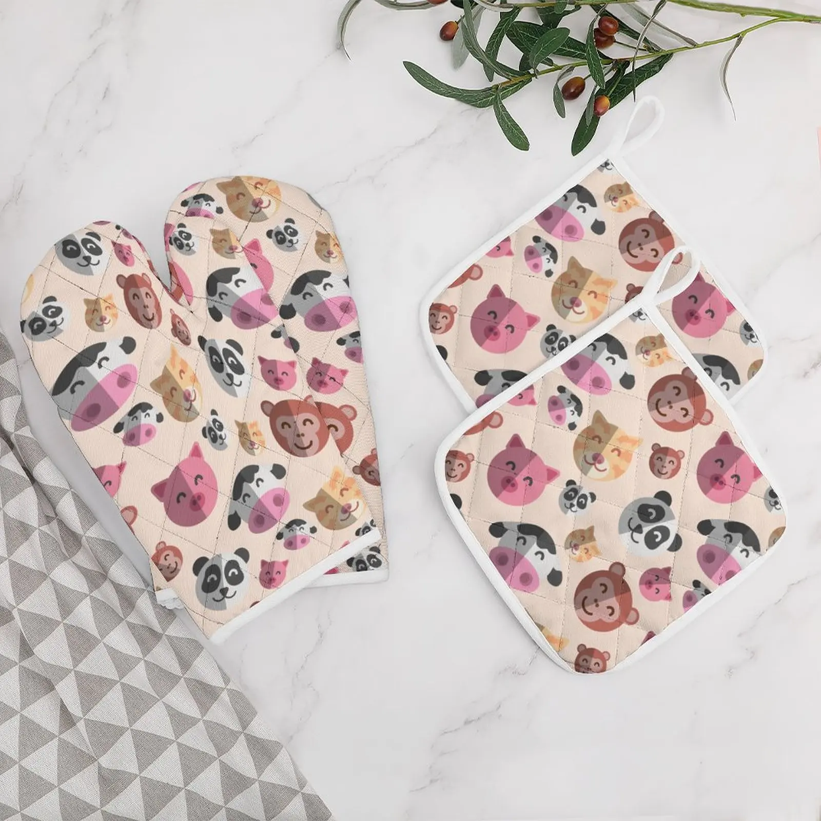 

Cartoon, Animal Background, Cow, Pig 4PCS Oven Mitts and Pot Holders Sets for Cooking Baking Grilling