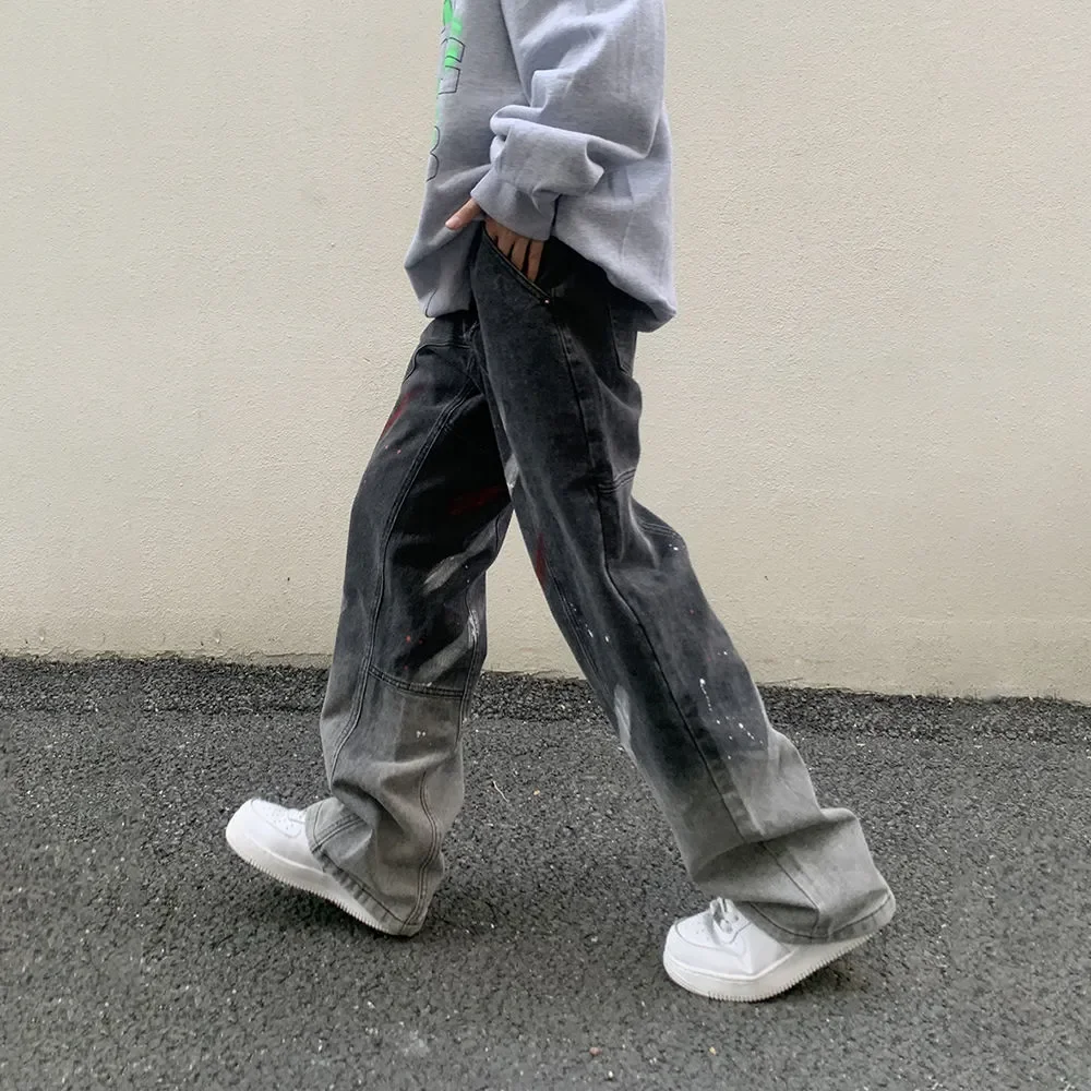 New American High Street Graffiti Embroidery Gradient Jeans Men's Loose Wild Straight-leg Pants Fashion Men's Hip-hop Streetwear