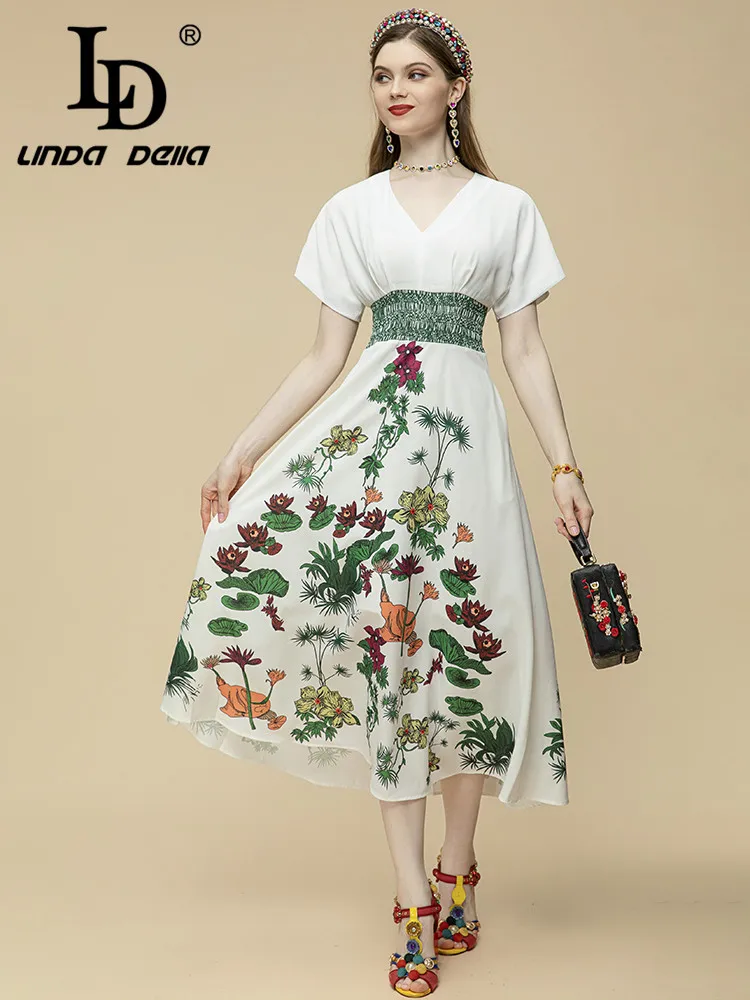 

LD LINDA DELLA Runway 2023 летнее Новое Платье женское с коротким рукавом эластичная резинка на талии цветочный принт модное платье миди с v-образным вырезом для отпуска