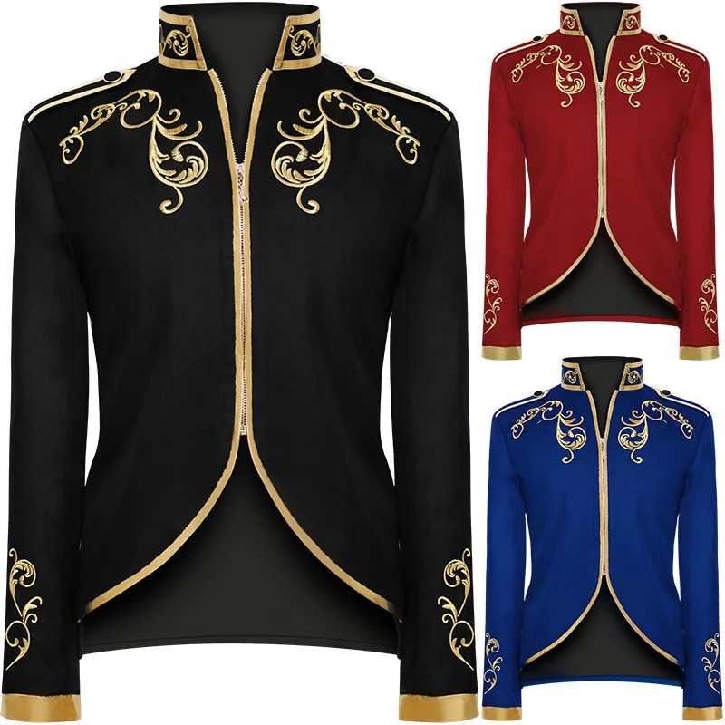 

Men's Victorian Vintage Medieval Jacket Coat Embroidery Zip Up Stand Collar Prince King Cosplay Costume Blazera Coats