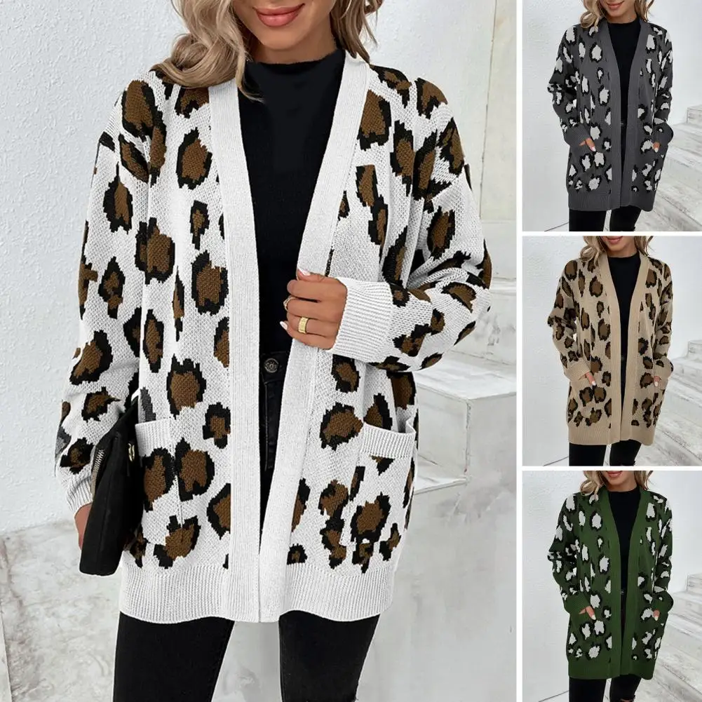 

Женское трикотажное пальто с длинным рукавом, Свободное длинное трикотажное пальто с большими карманами и открытым краем, с леопардовым пр...