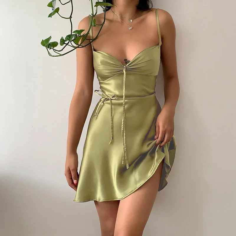 

Green Mini Dress Sexy Satin Slip Summer Dress Beach Outfits for Women 2022 Fashion Sleeveless Purple Slim Club Party Dresses
