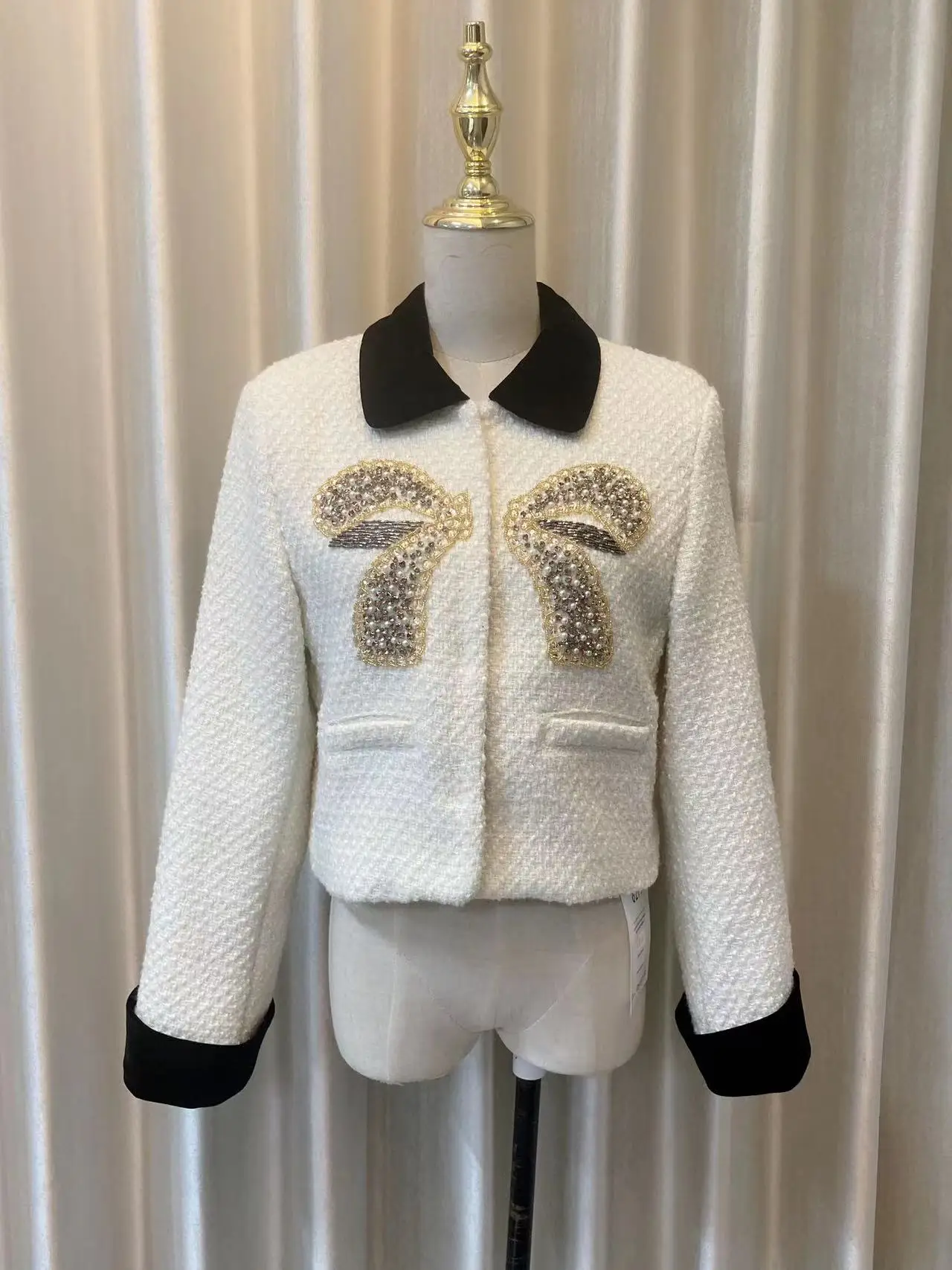 

Куртка женская твидовая с бантом, маленький пиджак в винтажном французском стиле, модная верхняя одежда в стиле пэчворк, Осень-зима 2023