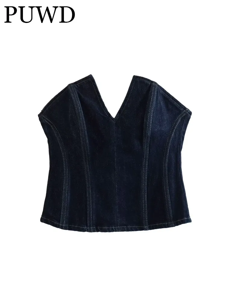 

PUWD Women Fashion Solid Color Strapless Short Camis 2023 Summer Vintage V Neck Sleeveless Back Zipper Female Chic Tops
