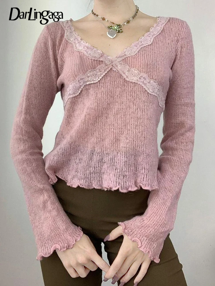 

Darlingaga Y2K Sweet Pink Lace Patchwork Women T-shirts Knitted Frill Cropped Tops Cute Korean Autumn Shirt Aesthetic Pullovers