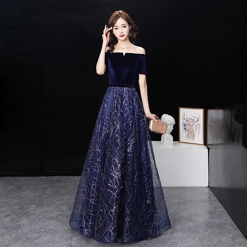 

New Vintage Evening Dress Navy Blue Tulle Sexy Boat Neck A-Line Long Prom Party Gowns for Women Custom Custom Sizes