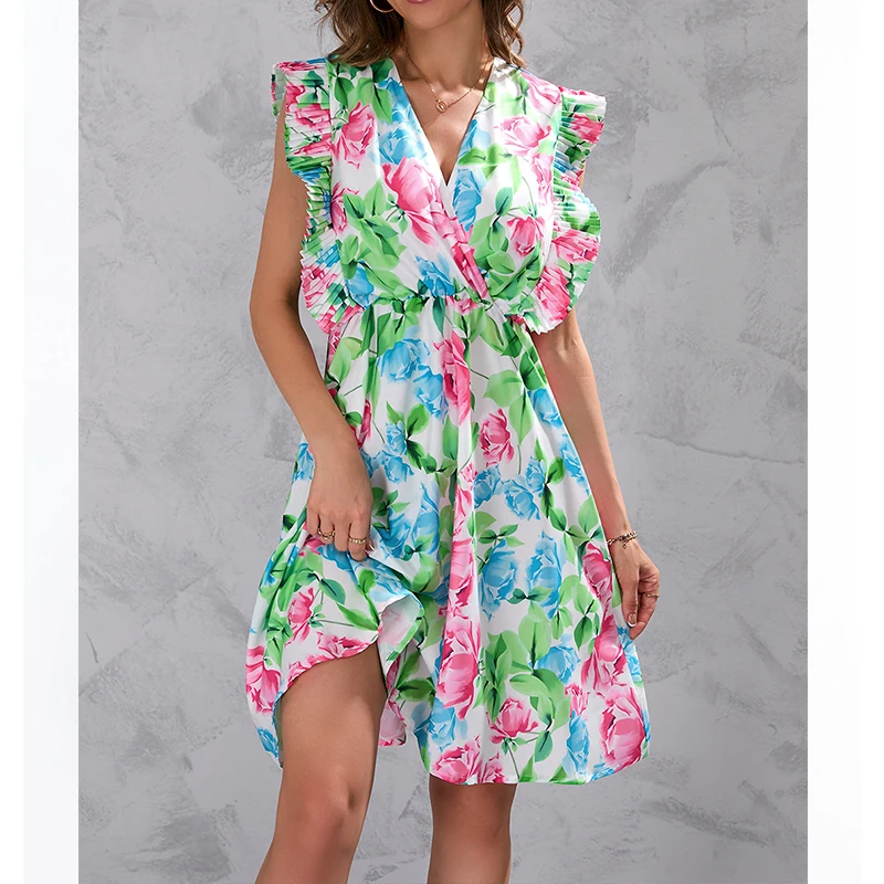 

Chic Ruffled Sleeveless Sexy Floral Print Dresses Women Summer Dress 2022 New Casual Beach Elegant V-Neck High Waist Mini Dress