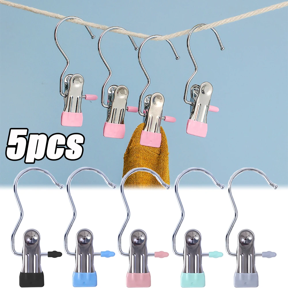 

5pcs Stainless Steel Clothes Drying Clips with Hook Antislip Windproof Clothes Drying Hanger Colorful Traceless Clothes Clips