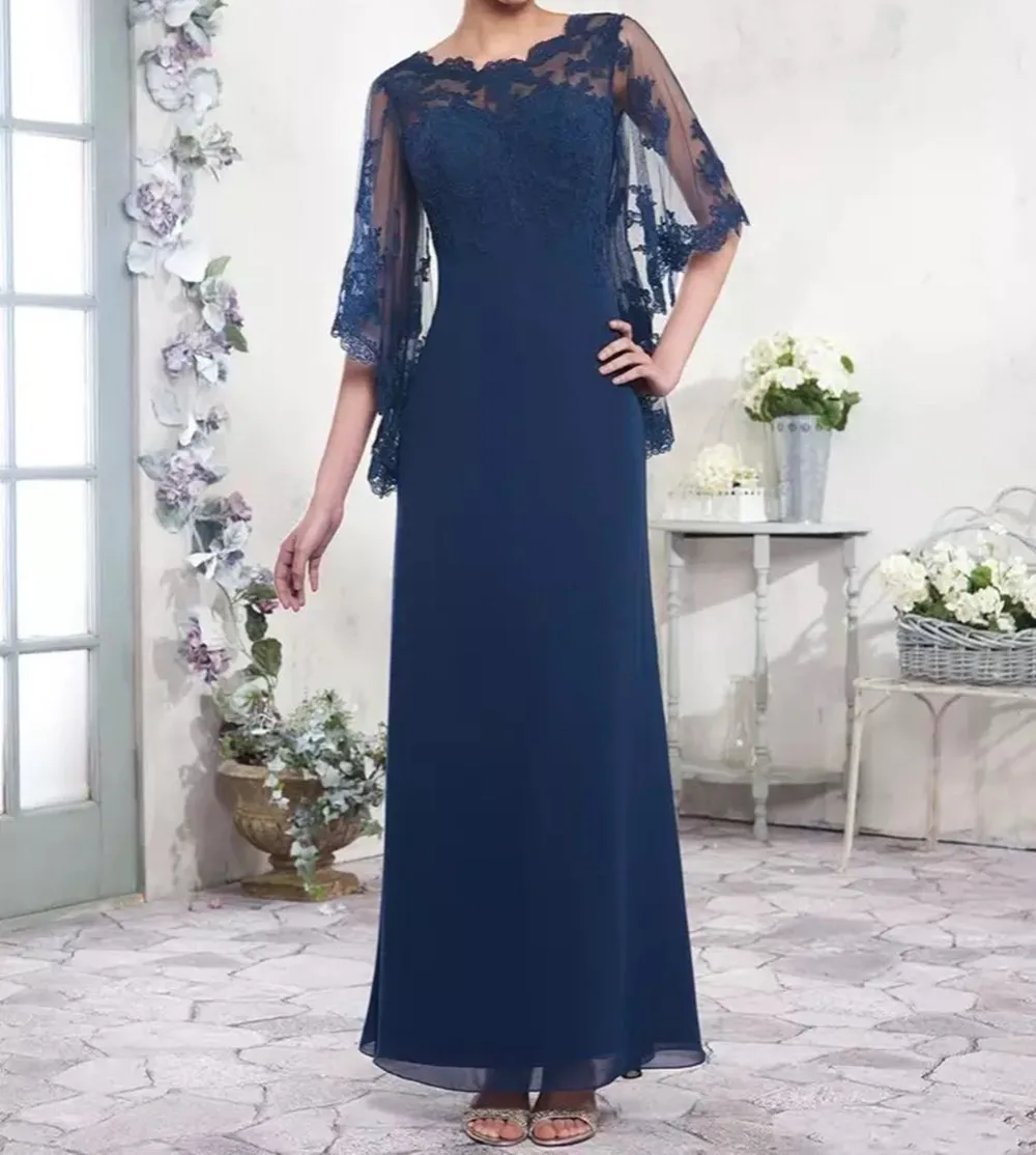 

Navy Blue Mother of the Bride Dress O-Neck Chiffon A-Line Cape Half Sleeve Lace Applique Formal Wedding Evening Mother Gowns New