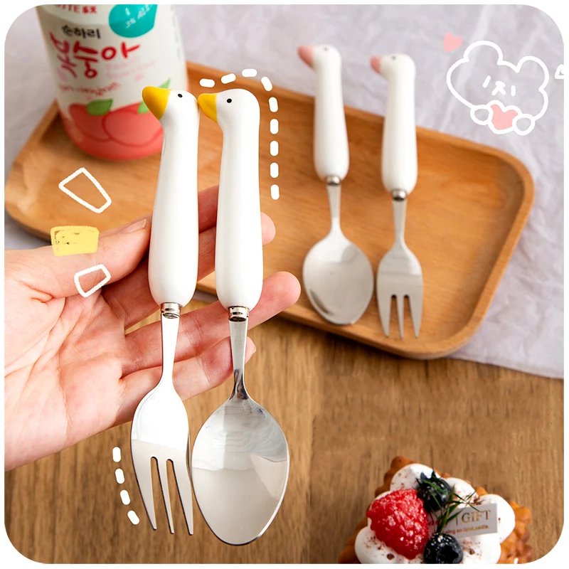 

Kawaii Duck Spoon Fork Cutlery Set for Kids School Cute Korean Portable Travel Stainless Steel Tableware Kitchen Utensils