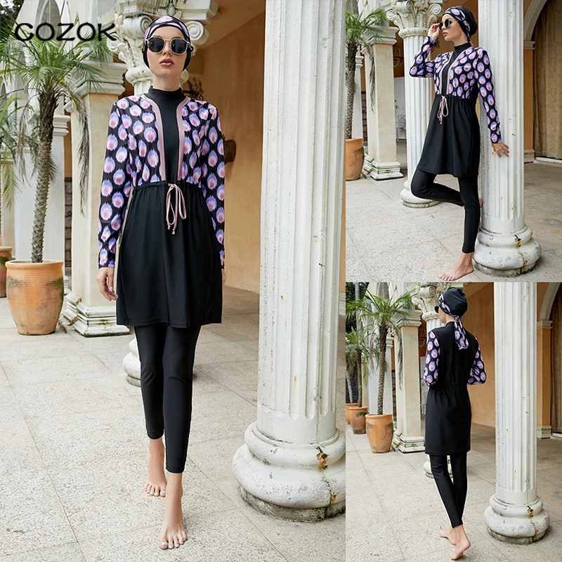 

2022 Muslim Arab Islamic bikini print conservative Swimwear Women Long Sleeves Sport Swimsuit 3pcs Burkinis Wear Bathing Suit
