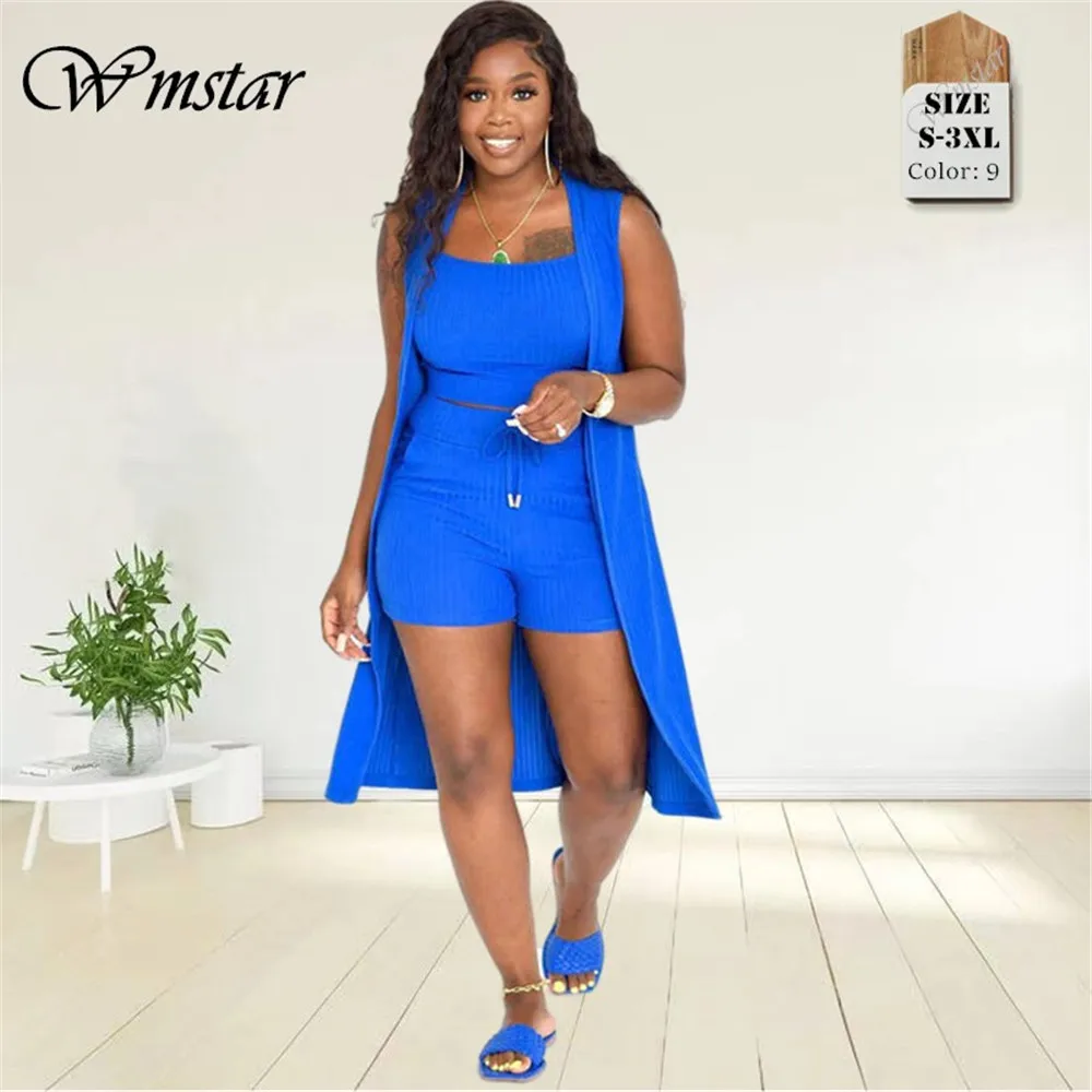 

Wmstar Women's Clothing 3 Piece Set Ribbing Sleeveless Solid Crop Top Shorts Sets Summer Matching Suit Wholesale Dropshipping