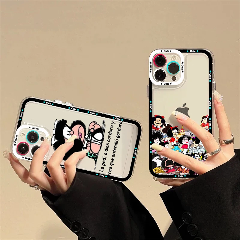 

mafalda Girl Phone Case For iPhone 14 13 12 11 Pro Max Mini X Xs XR 6 7 8 Plus SE 2020 Transparent Case