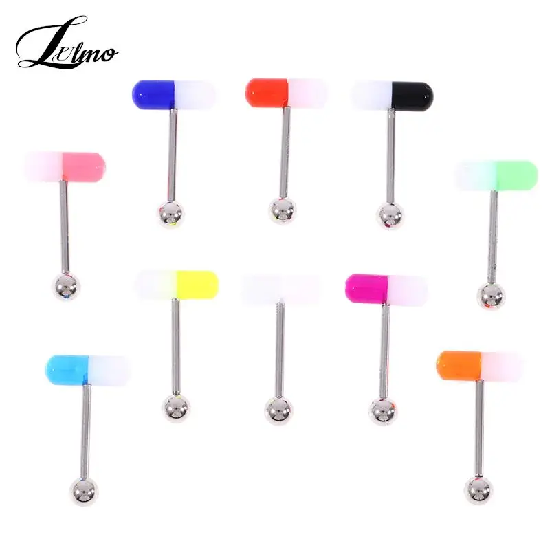 10pcs/lot Colorful Capsule Tongue Rings Acrylic Pill Tongue Piercing Ring Steel Punk Body Piercing Rings Jewelry Gifts